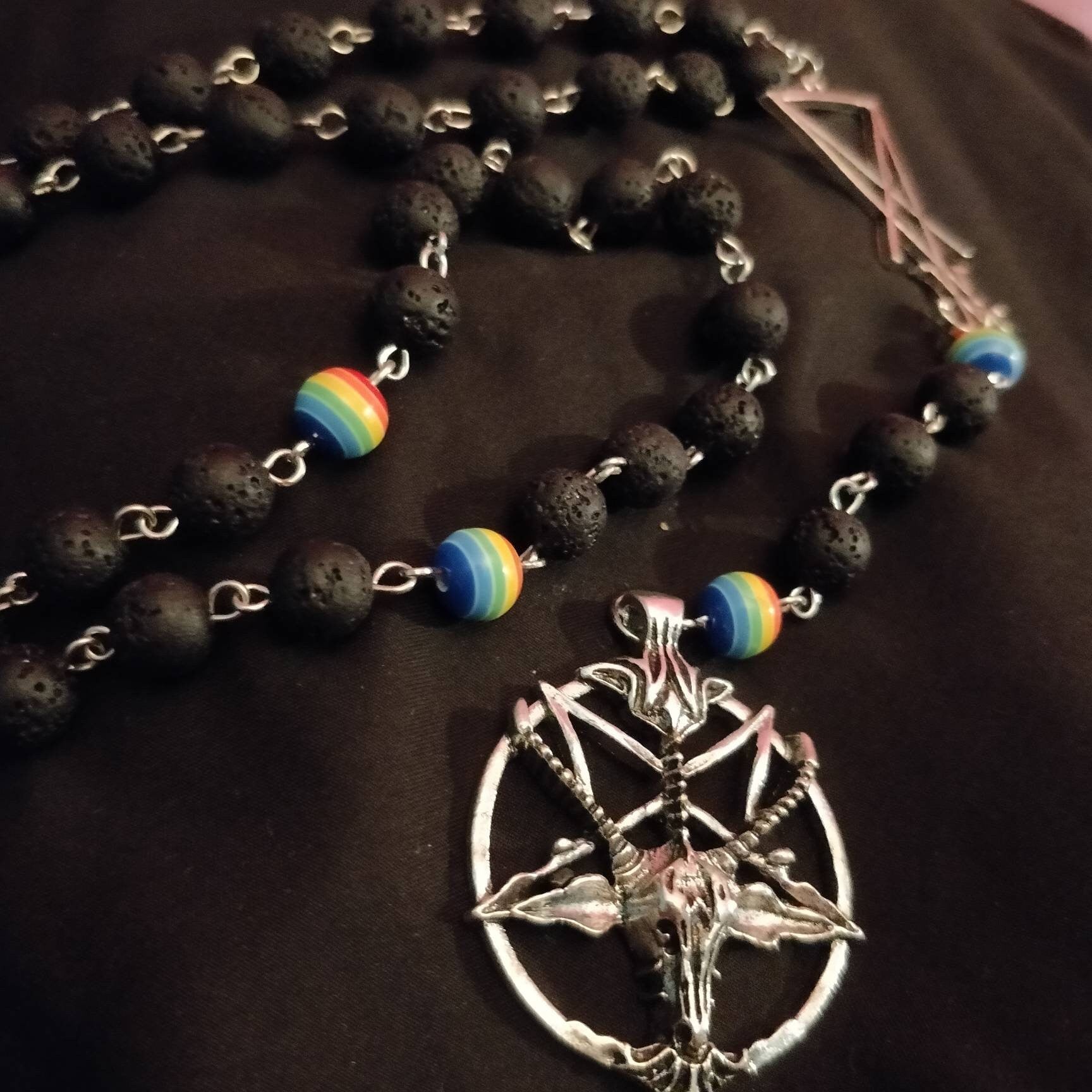 black lava beads, shiny rainbow beads, pentacle and baphomet charm