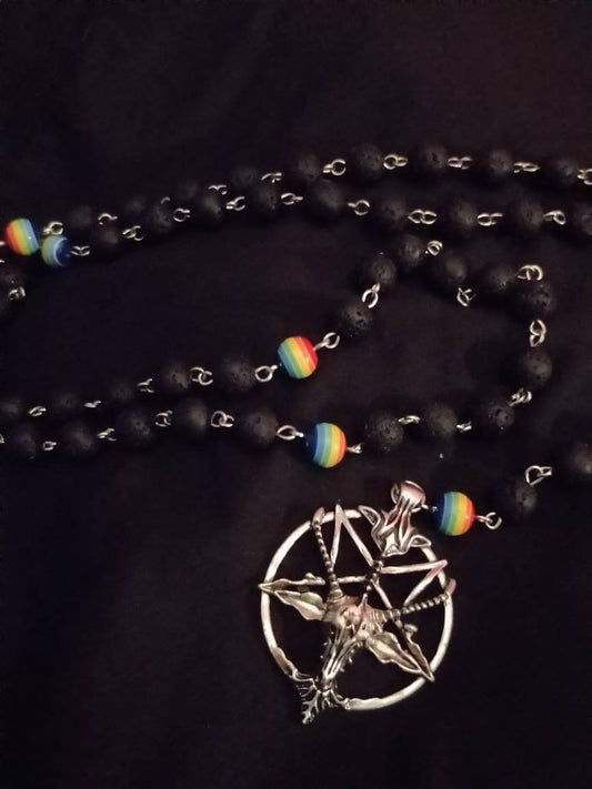 Baphomet Rosary with black lava beads and Rainbow Bead accents