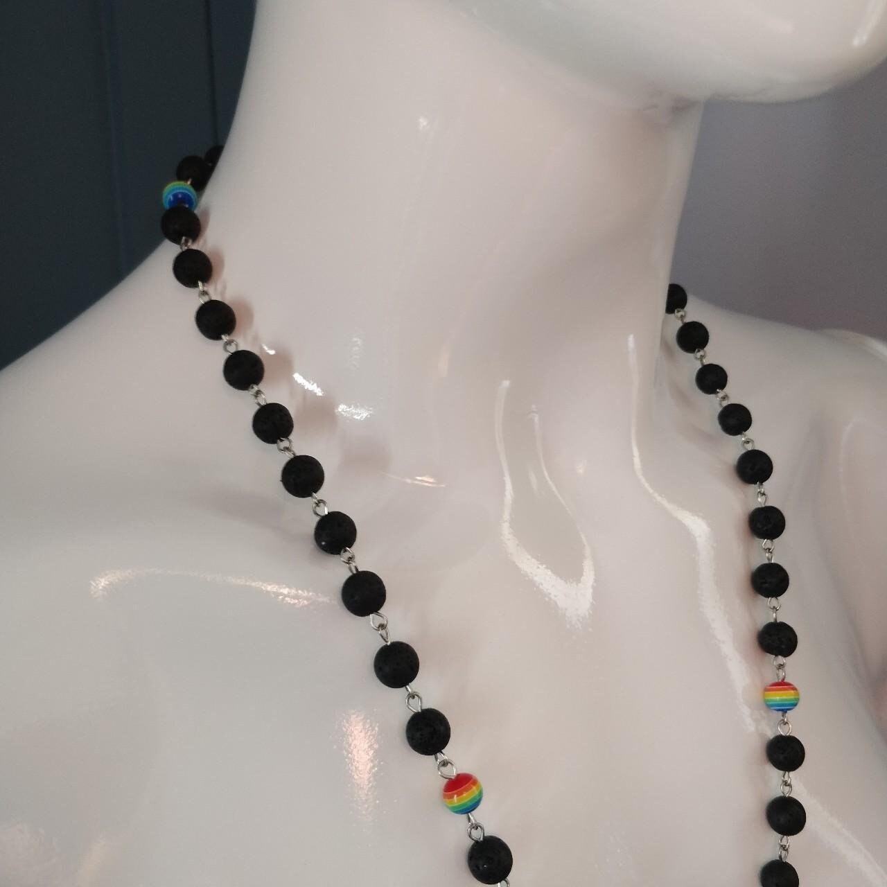 close up lava beads and rainbow beads rosary detail