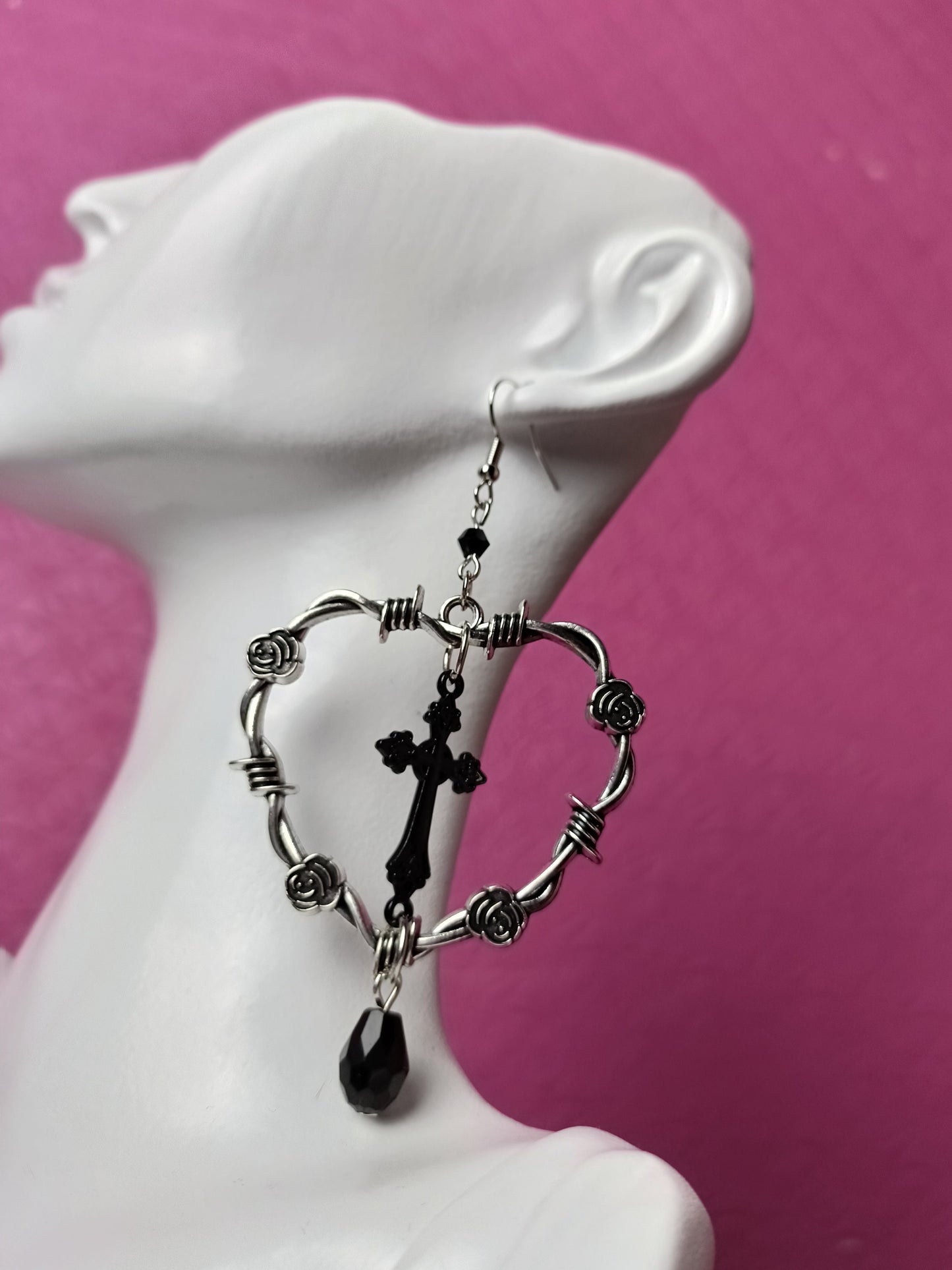 Barbed Wire Heart Hoops with Crucifix