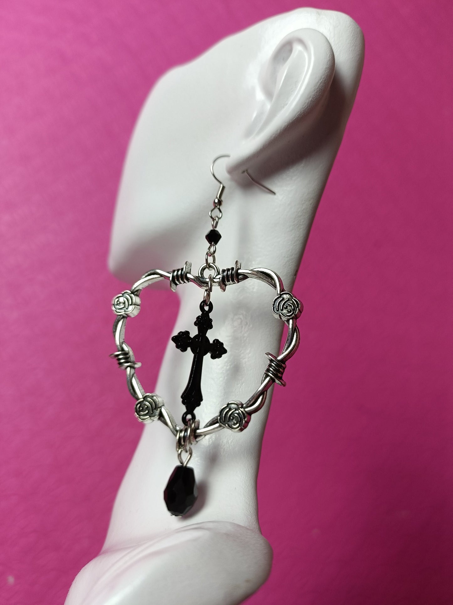 Barbed Wire Heart Hoops with Crucifix