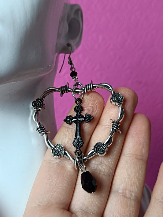Barbed Wire Heart Hoops with Crucifix