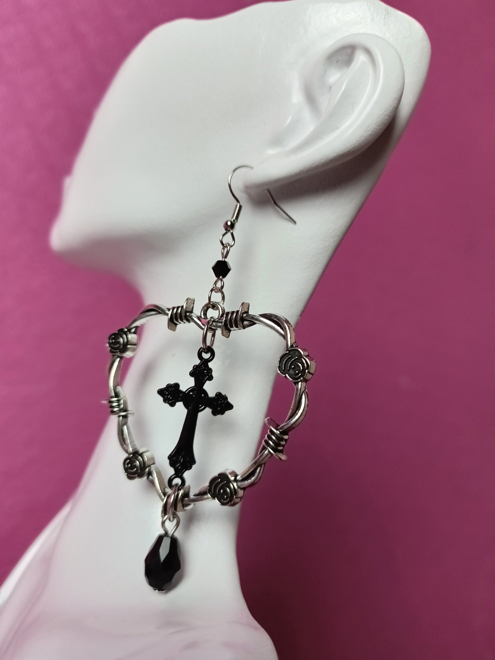 baddie style earring- barbed wire and roses heart hoop with crucifix- religious alternative