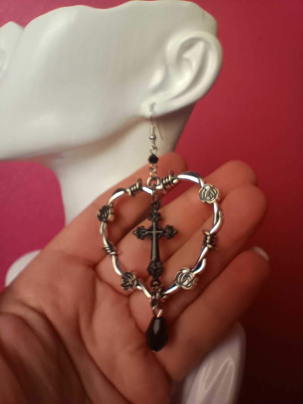 Barbed Wire Heart Hoops with Crucifix