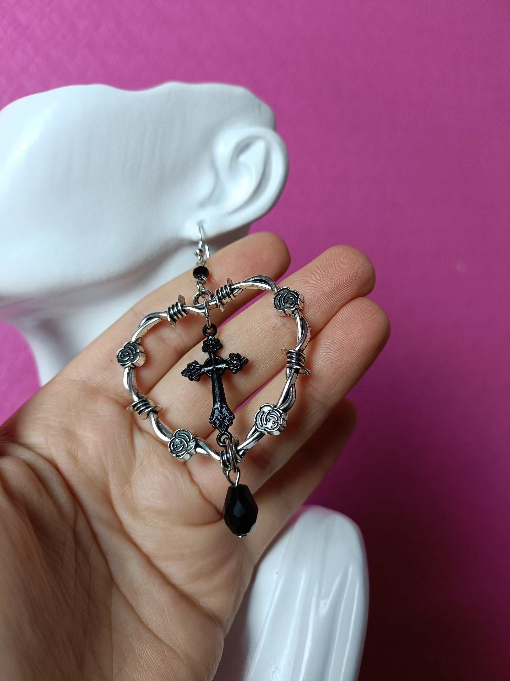 Barbed Wire Heart Hoops with Crucifix