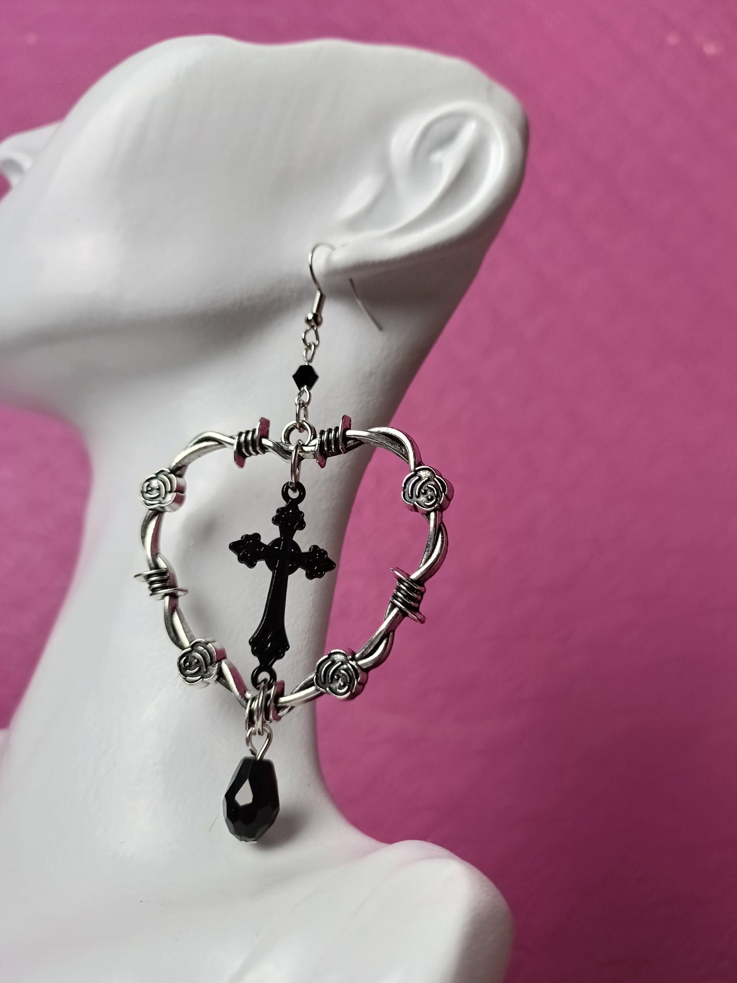 Barbed Wire Heart Hoops with Crucifix