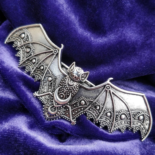 Bat Hair Barrette- metal hair clip- large bat, tactile lace filigree design, lunar theme, french barrette style clip