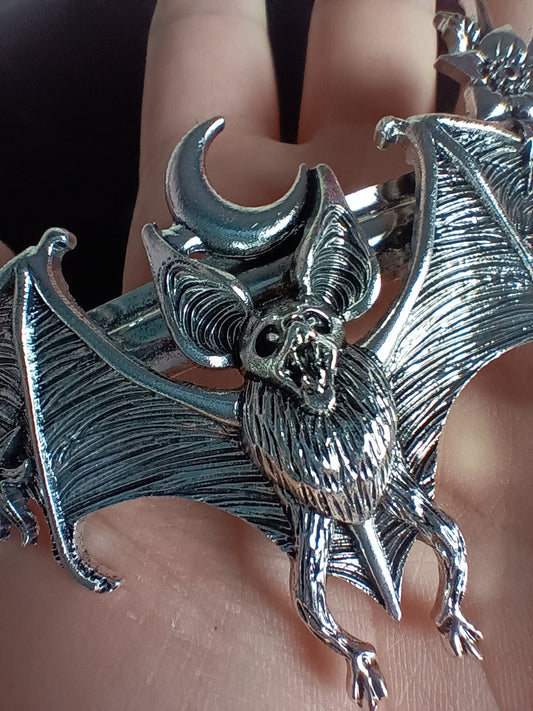 Bat Hair Clip- woodcut style etched metal, wide open mouth bat with fangs and moon