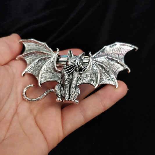 Cat Bat Barrette- woodcut style/ etched metal cat with wide bat wings and large whiskers