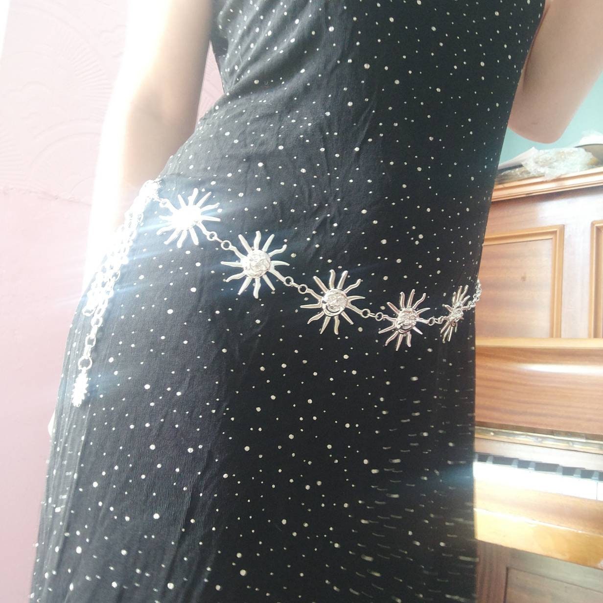 Celestial Belt/ Sun Chain Belt/ Hippy Boho Bohemian RETRO 90S silver Sun waist chain// wedding sash HOLLOW BACK Version