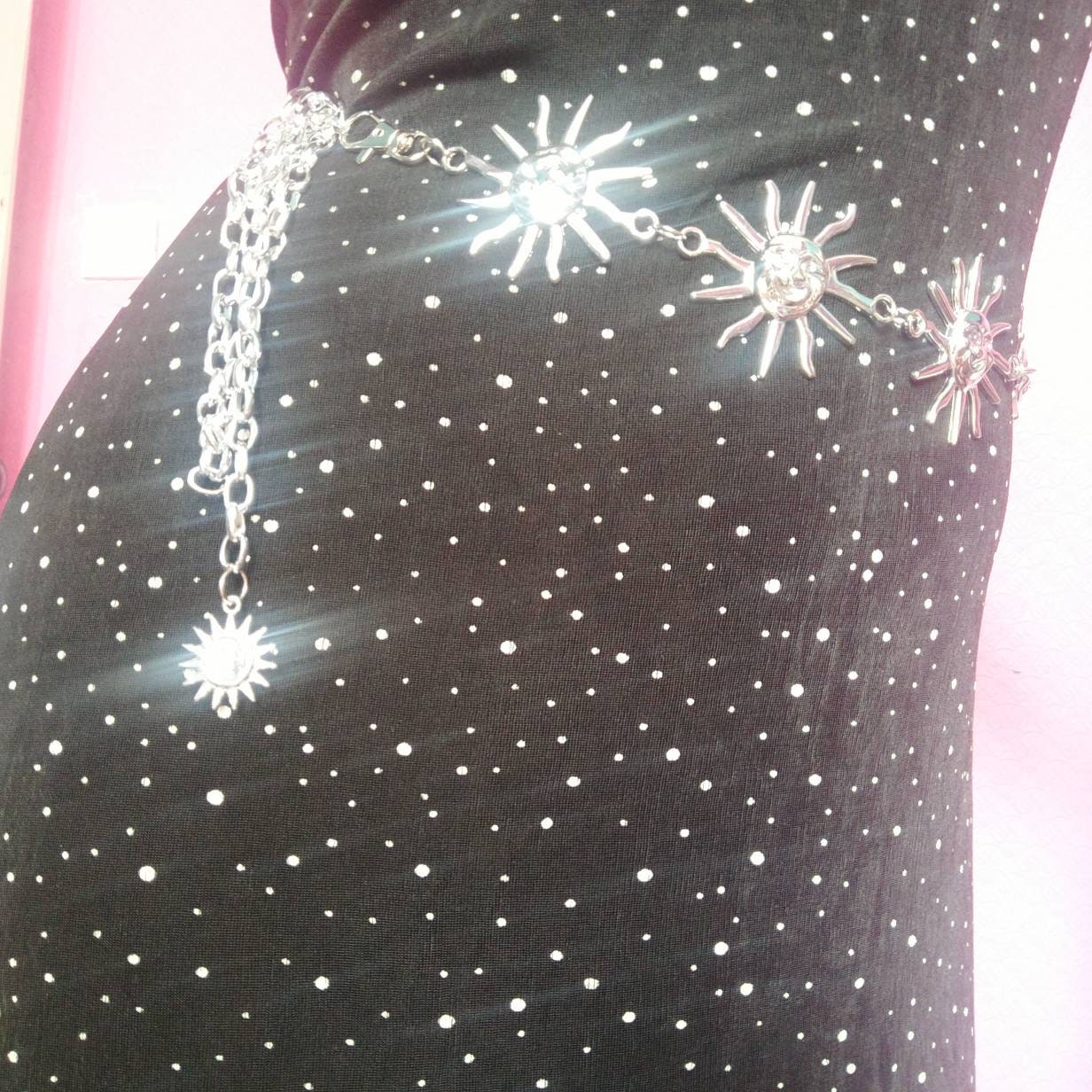 Celestial Belt/ Sun Chain Belt/ Hippy Boho Bohemian RETRO 90S silver Sun waist chain// wedding sash HOLLOW BACK Version