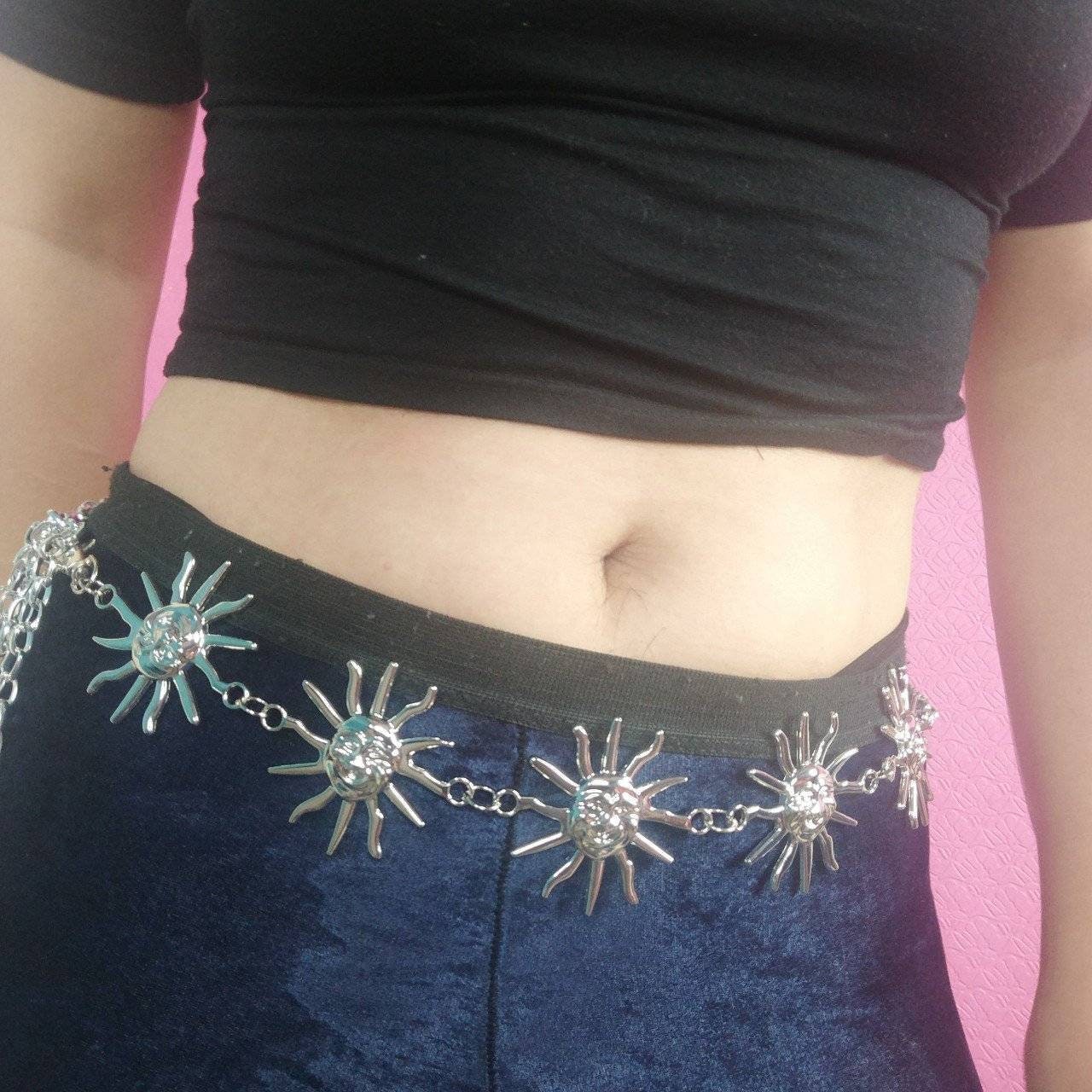 Celestial Belt/ Sun Chain Belt/ Hippy Boho Bohemian RETRO 90S silver Sun waist chain// wedding sash HOLLOW BACK Version