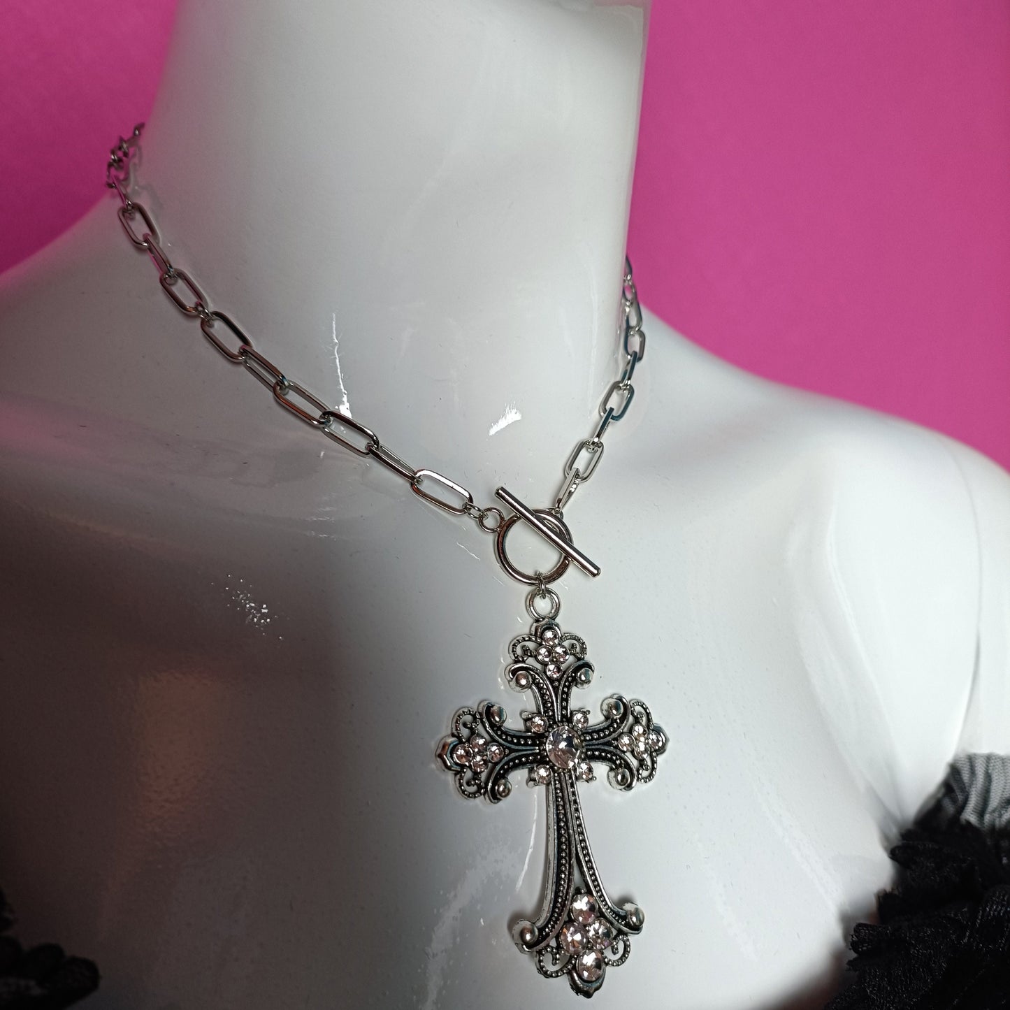 Chain Link Diamante Crucifix - SMALL chain link version with fastening at the front