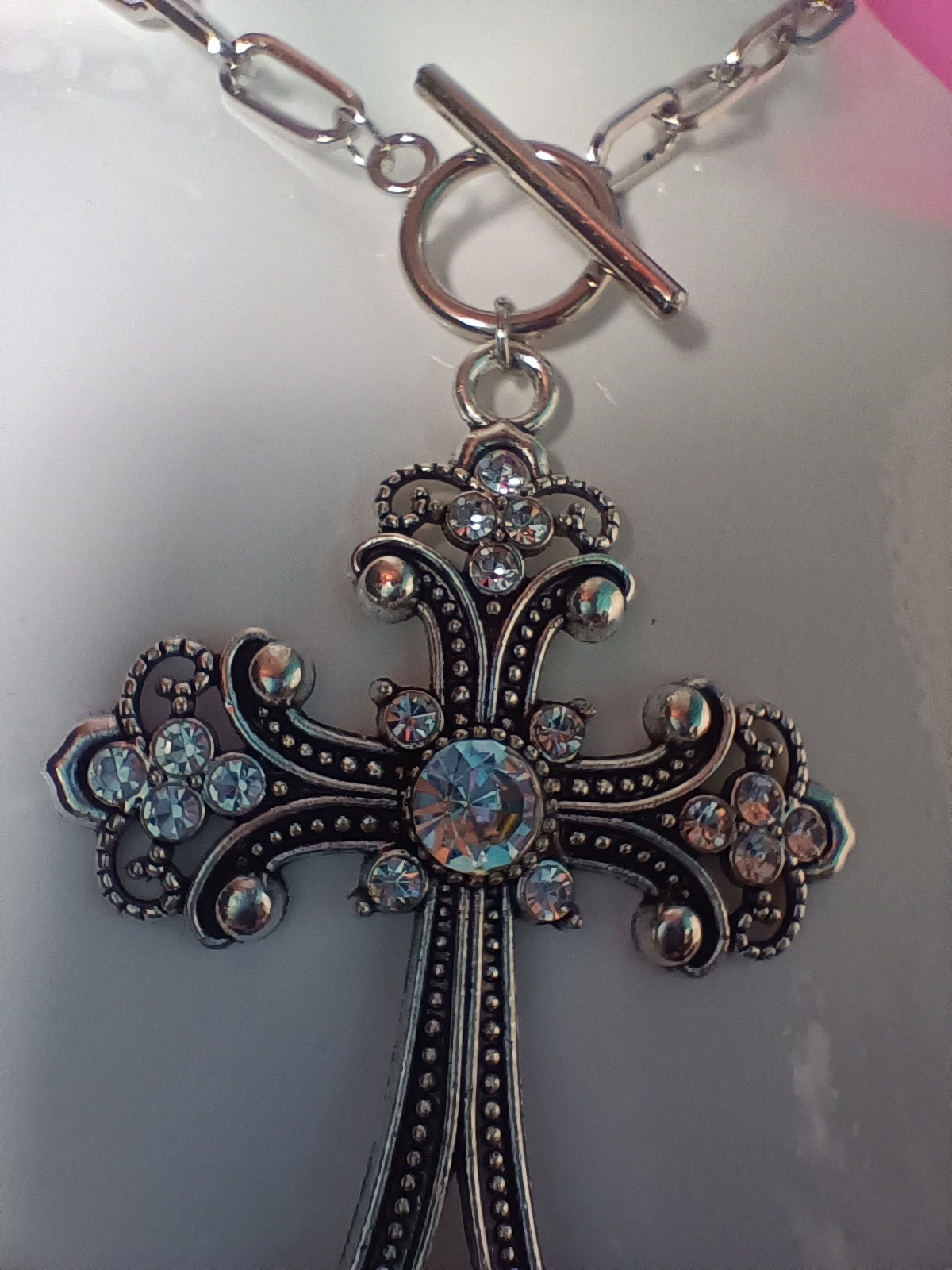 Chain Link Diamante Crucifix - SMALL chain link version with fastening at the front