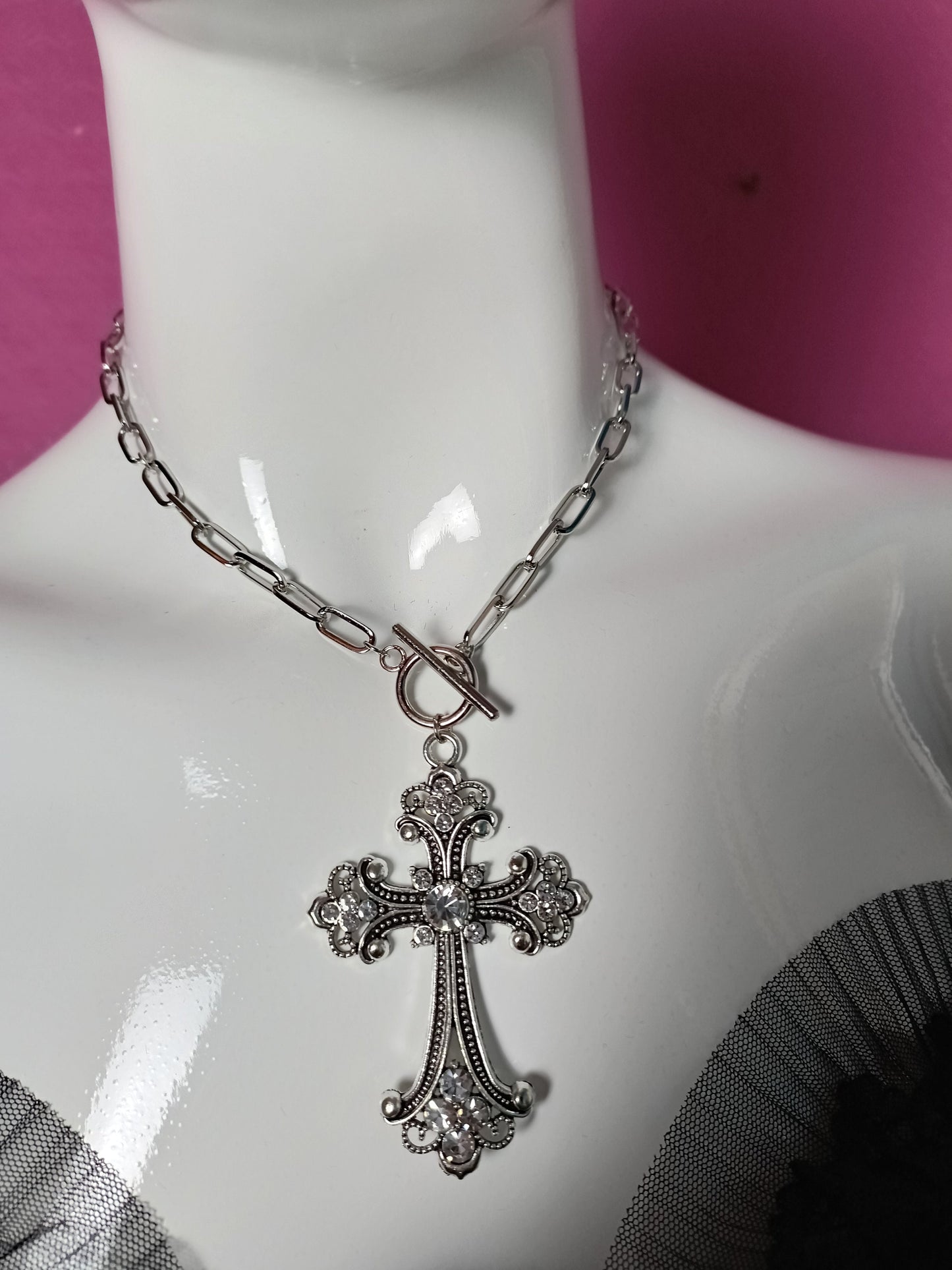 Chain link diamante crucifix- SMALL chain link version with fastening at the front