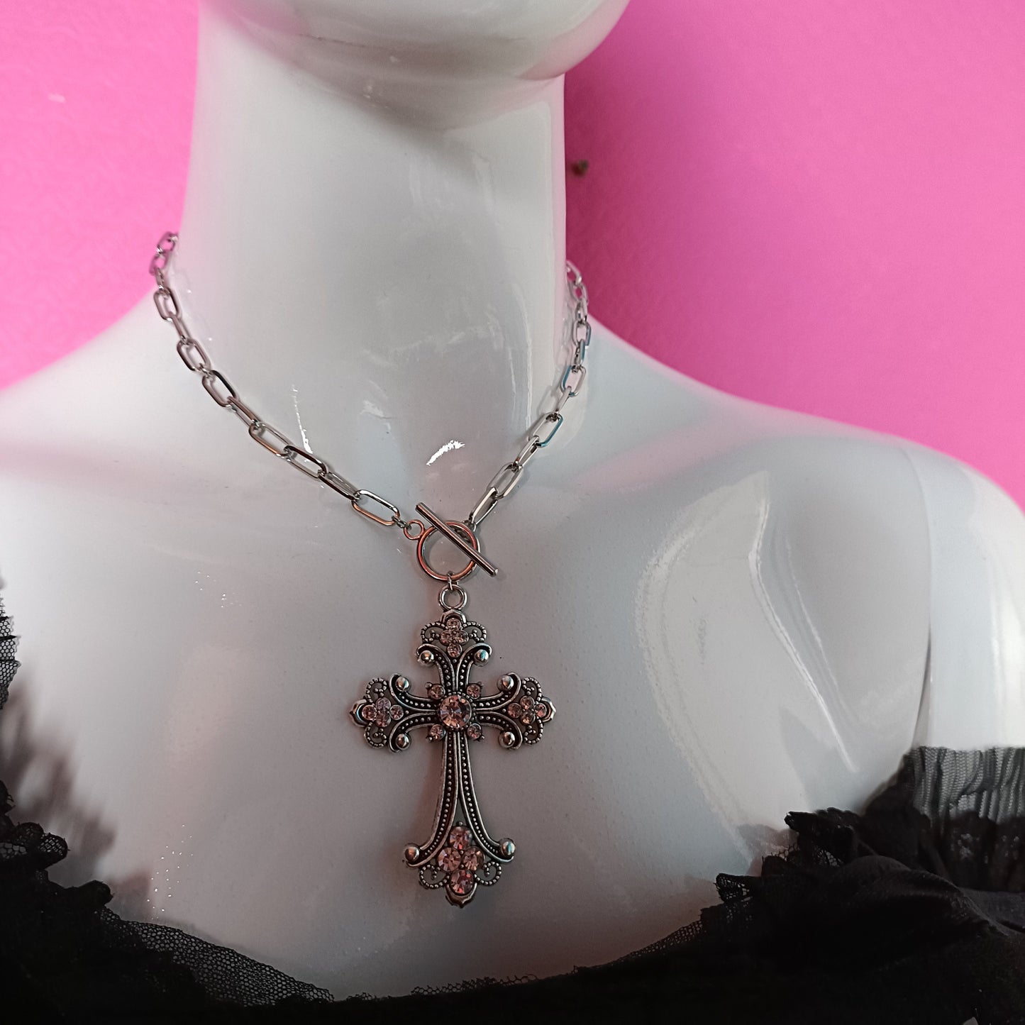 Chain Link Diamante Crucifix - SMALL chain link version with fastening at the front