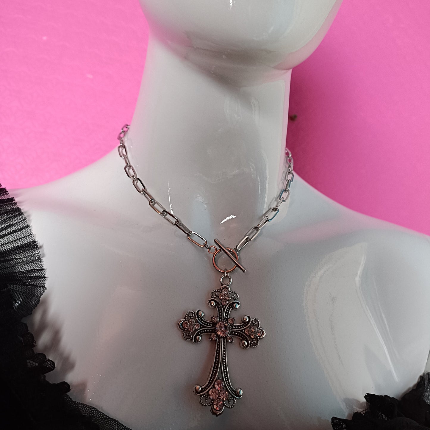 Chain Link Diamante Crucifix - SMALL chain link version with fastening at the front