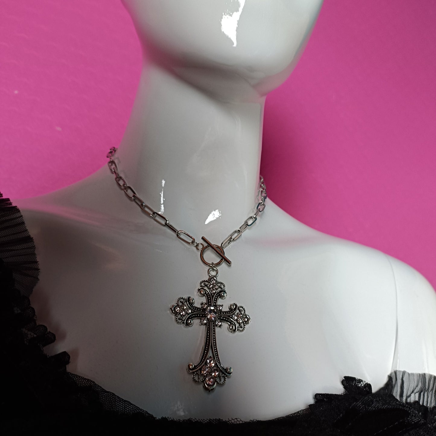 Chain Link Diamante Crucifix - SMALL chain link version with fastening at the front