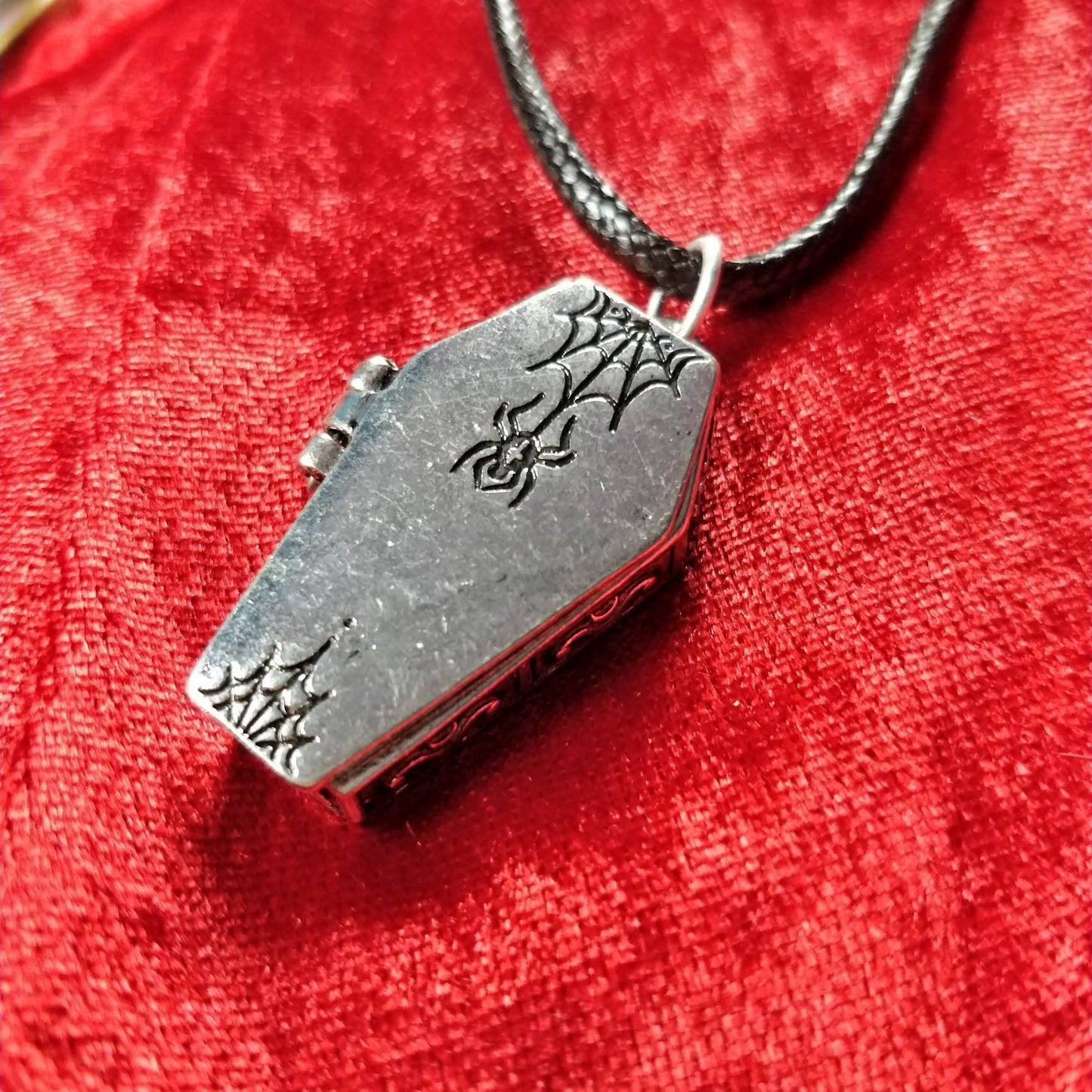 Coffin Necklace// gothic Locket / cobweb locket / crucifix locket