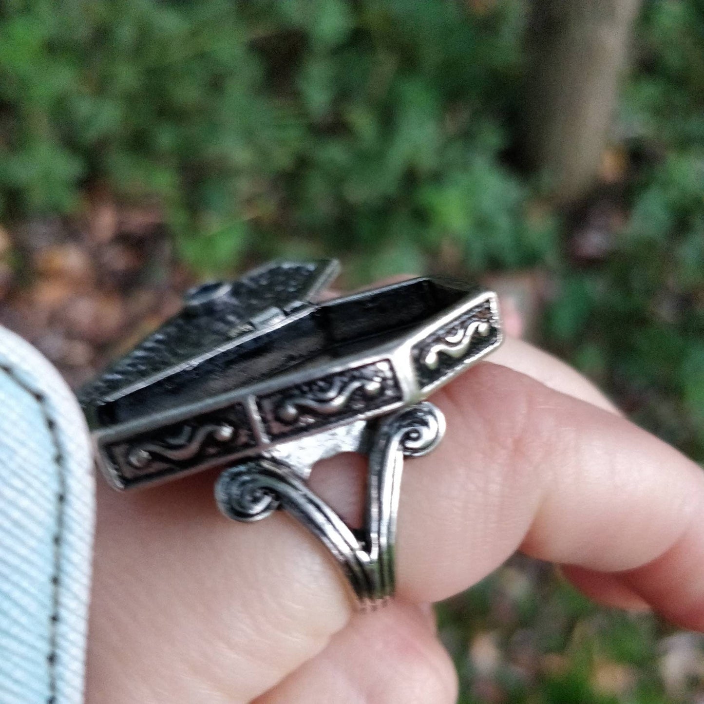 Coffin Ring / Gothic Ring with Spiderweb etching / Openable casket