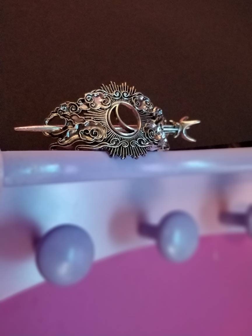 Cosmic Hair Barrette, Retro Night Sky Moon and Clouds Hair Pin