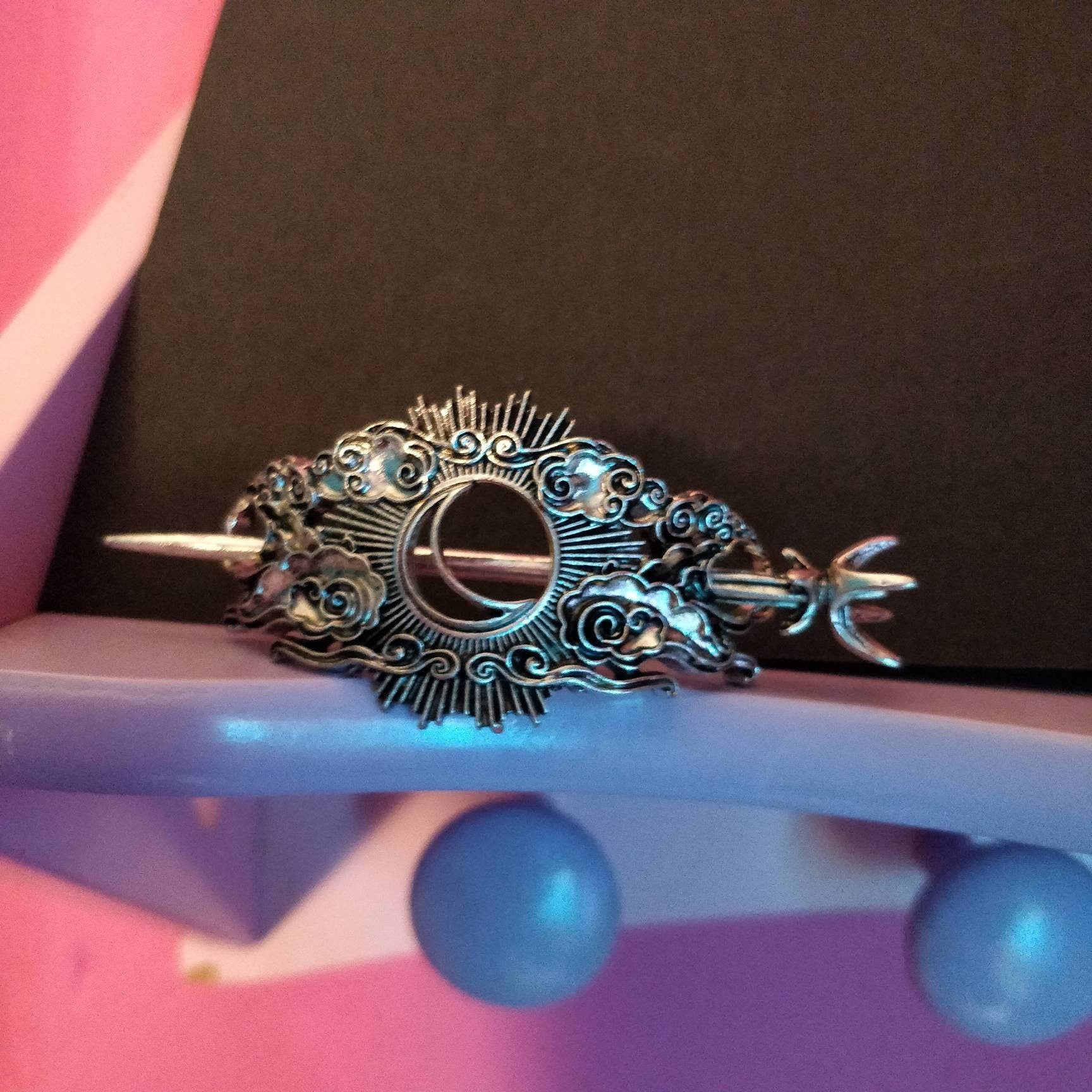 Cosmic Hair Barrette, Retro Night Sky Moon and Clouds Hair Pin