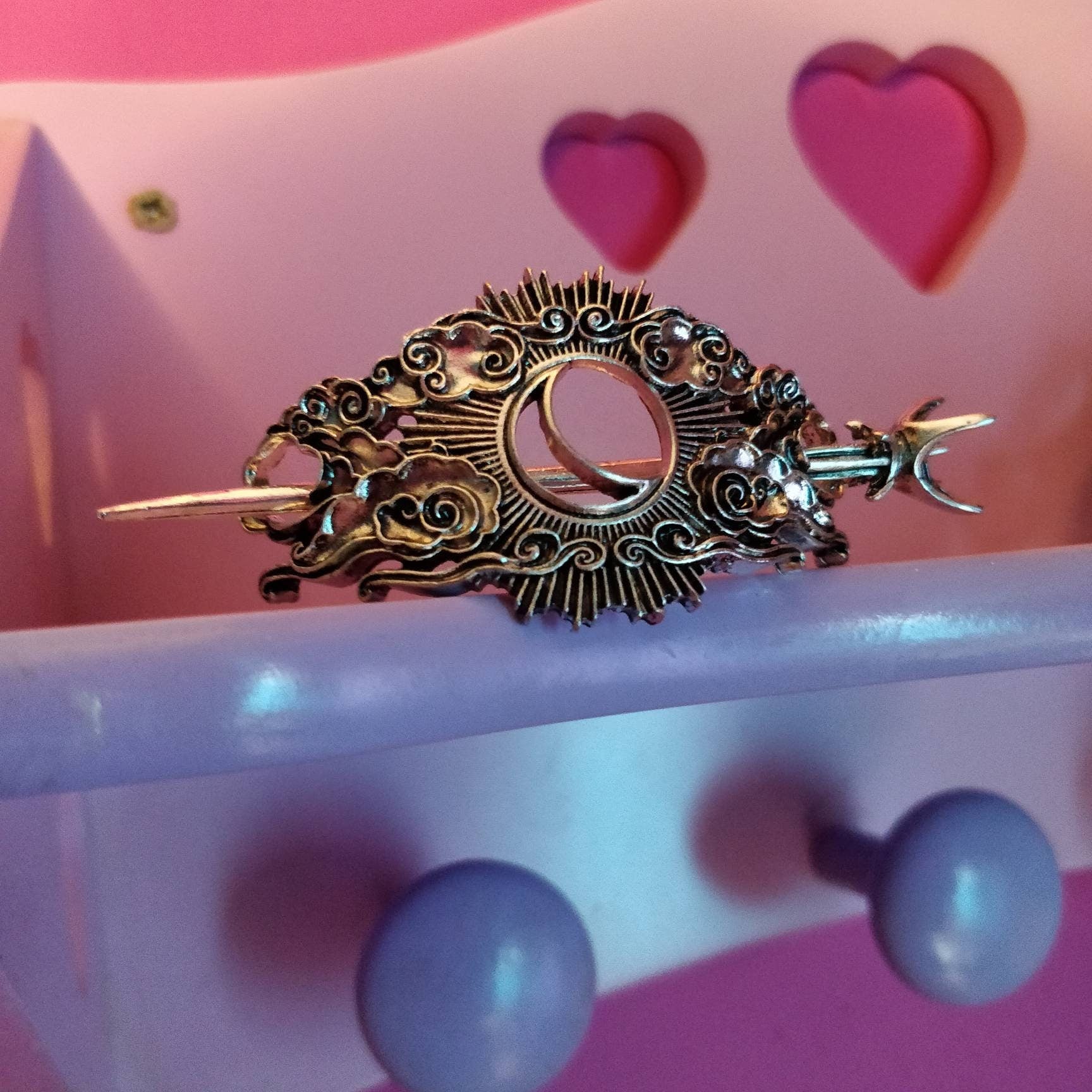 Cosmic Hair Barrette, Retro Night Sky Moon and Clouds Hair Pin