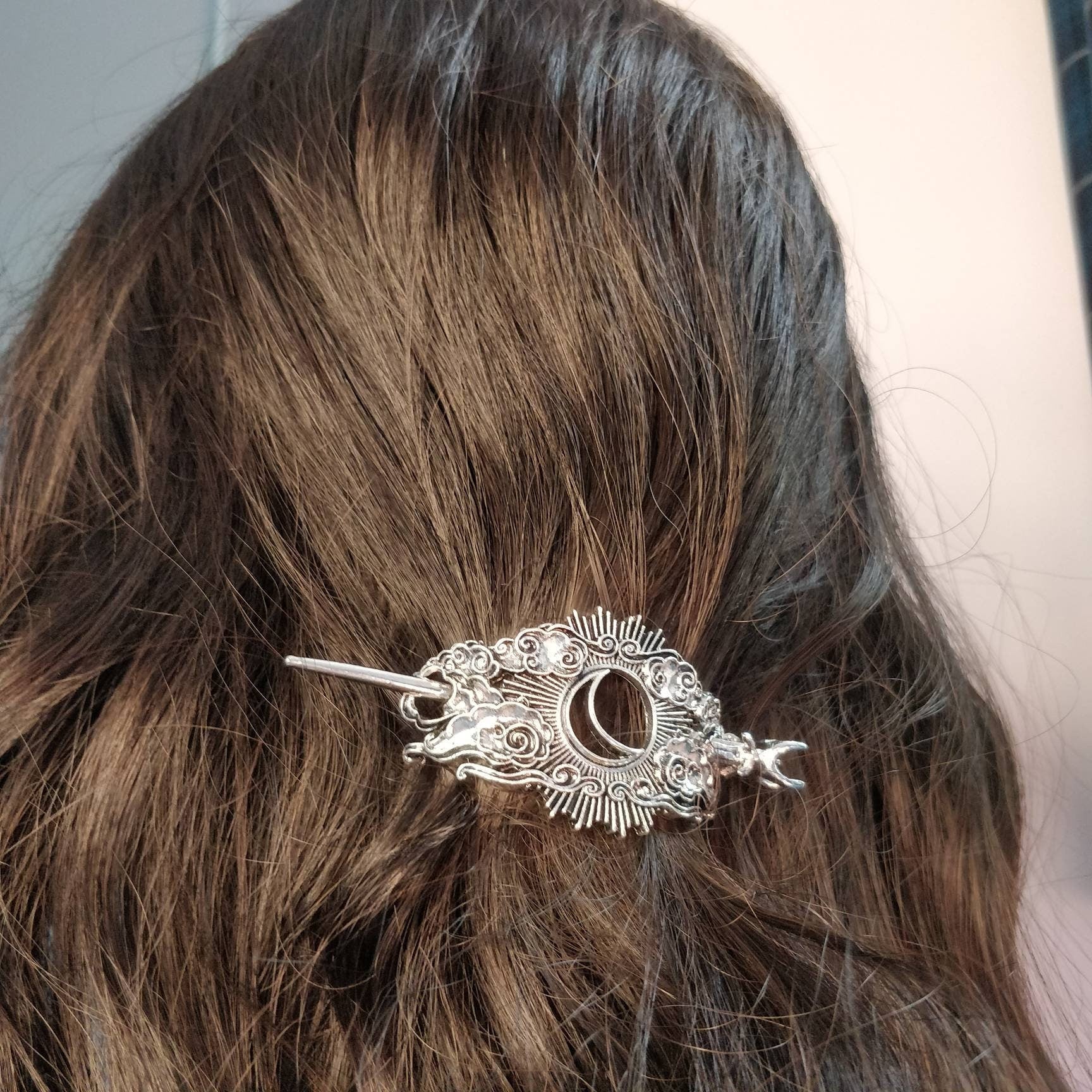 Cosmic Hair Barrette, Retro Night Sky Moon and Clouds Hair Pin