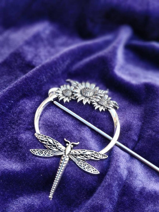 Dragonfly and sunflowers hair stick