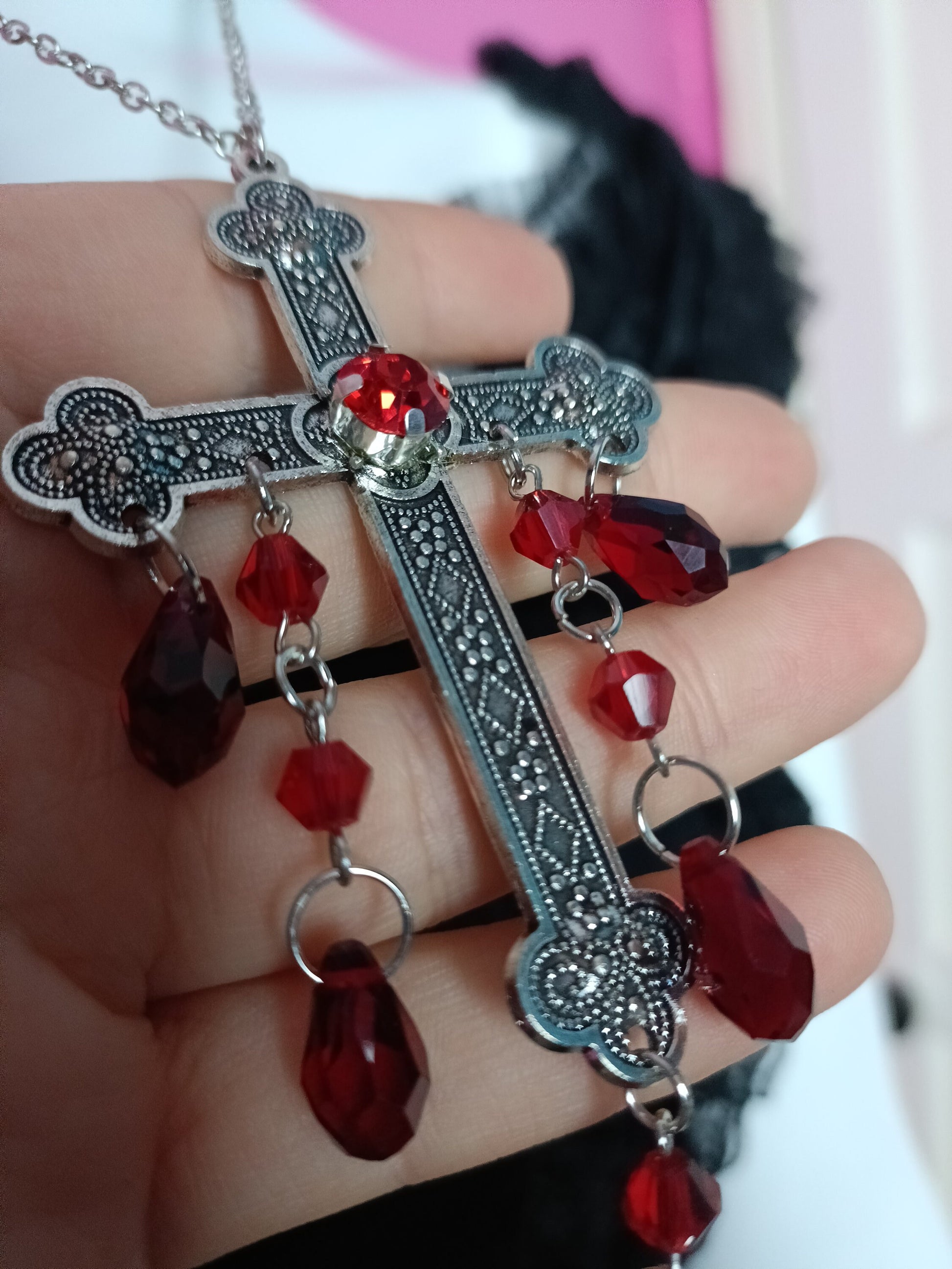Dripping Crucifix Necklace - Blood Red