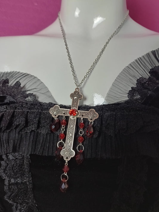 Dripping Crucifix Necklace- Blood Red