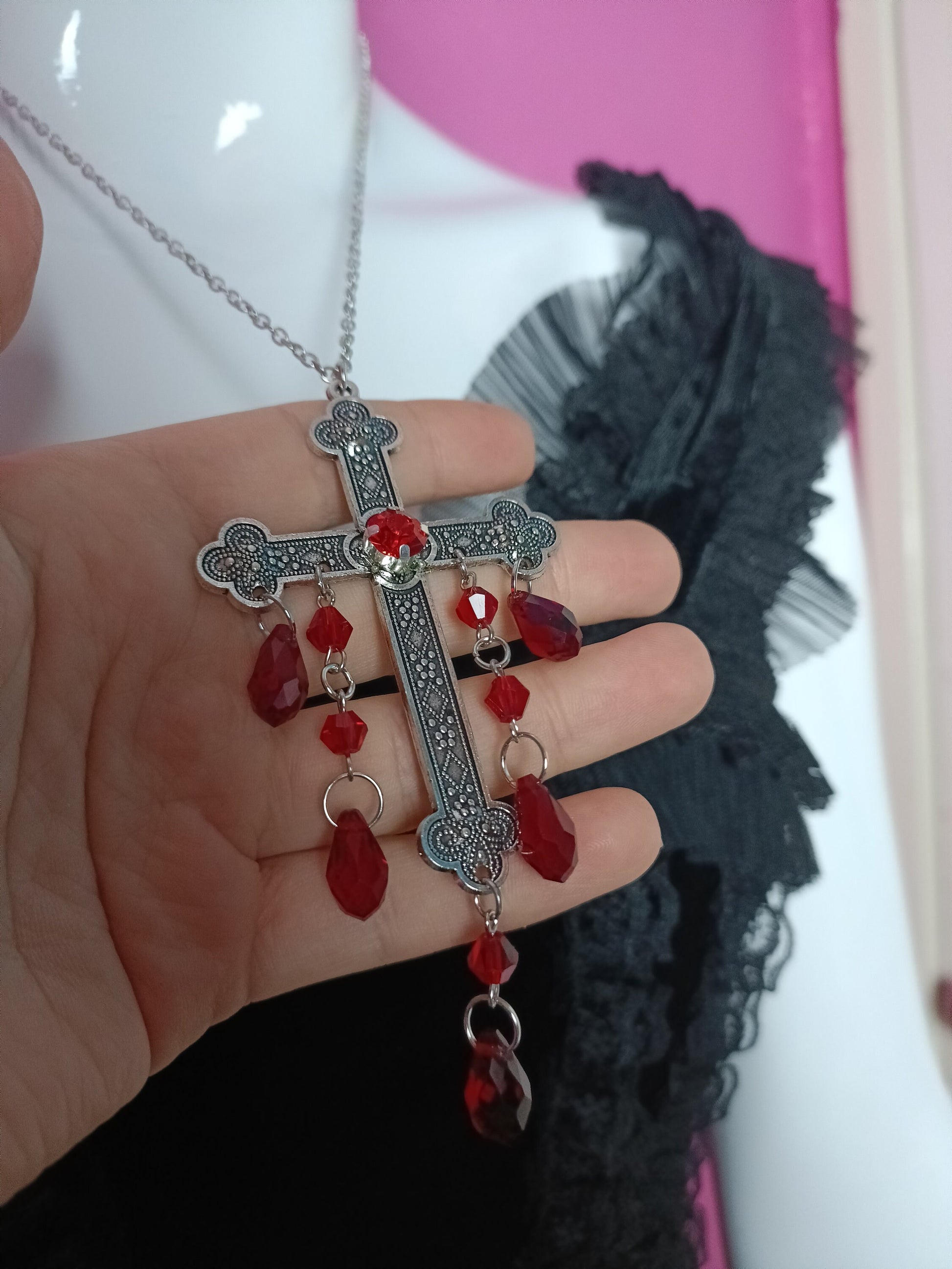 Dripping Crucifix Necklace - Blood Red
