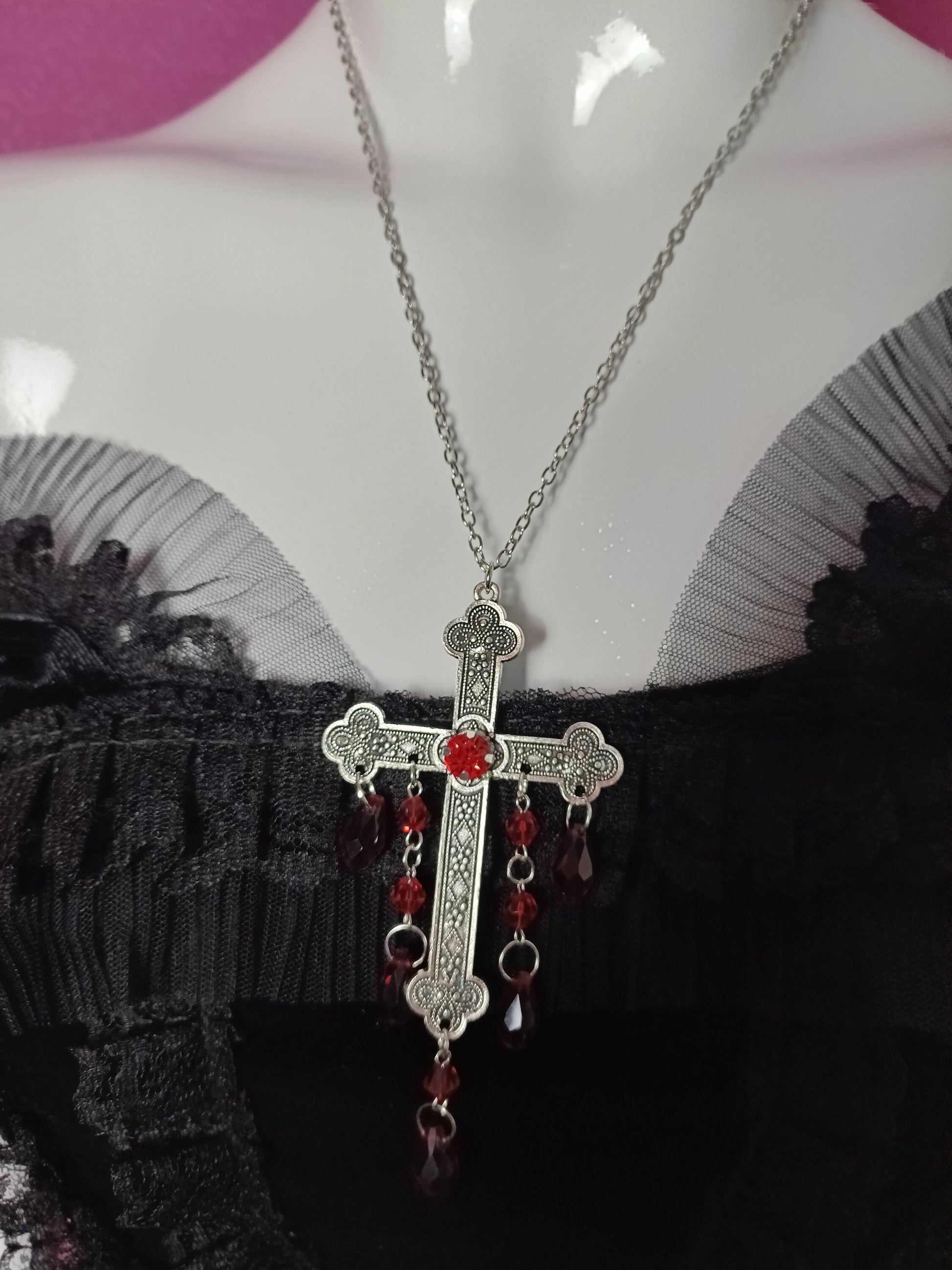 Dripping Crucifix Necklace - Blood Red