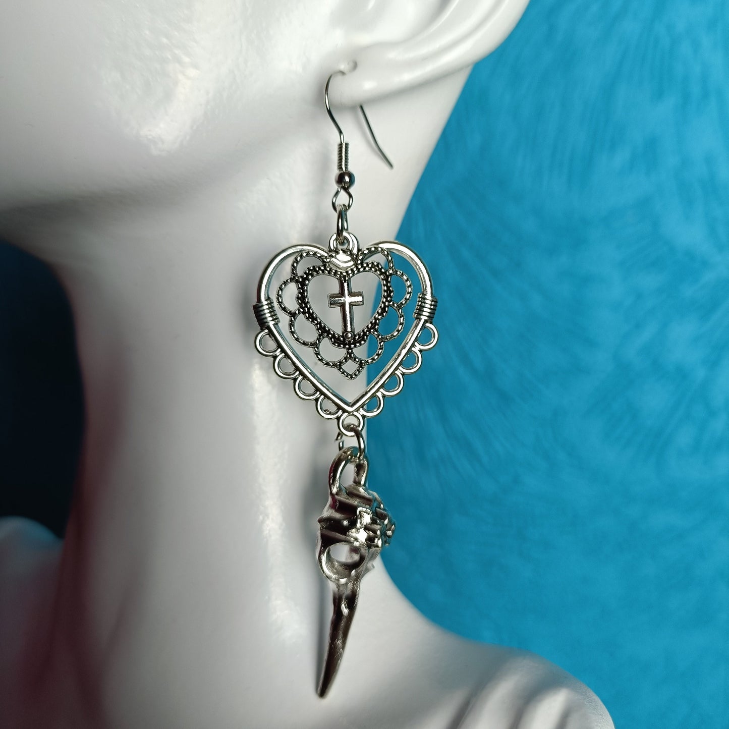 Filigree Heart Earrings with Raven Skull