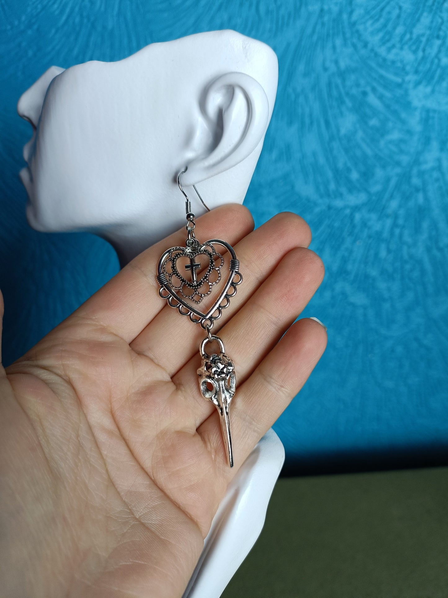 Filigree Heart Earrings with Raven Skull