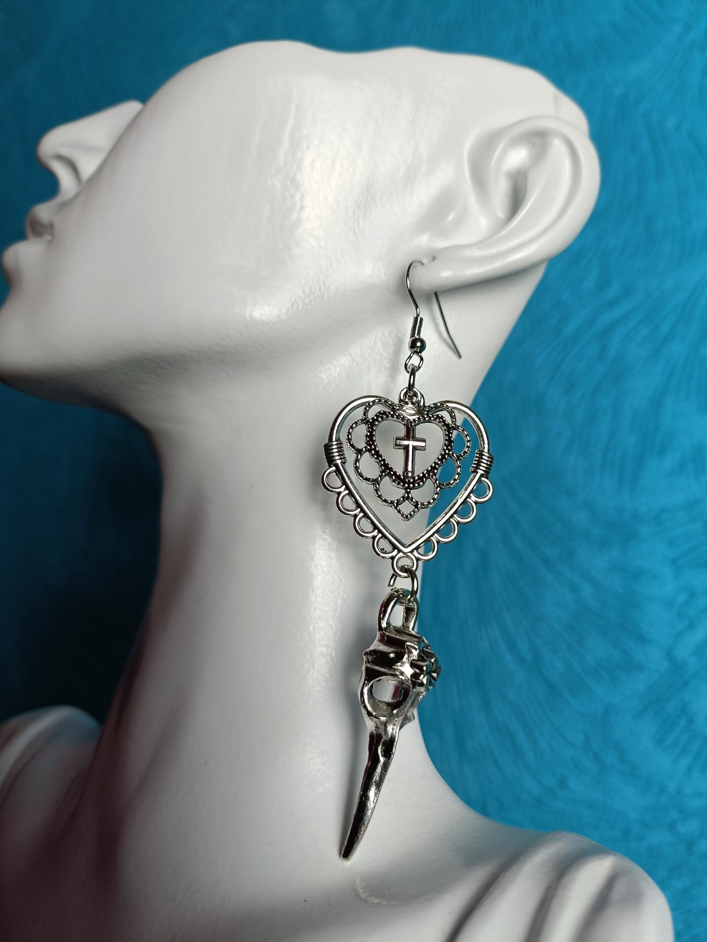 Filigree Heart Earrings with Raven Skull