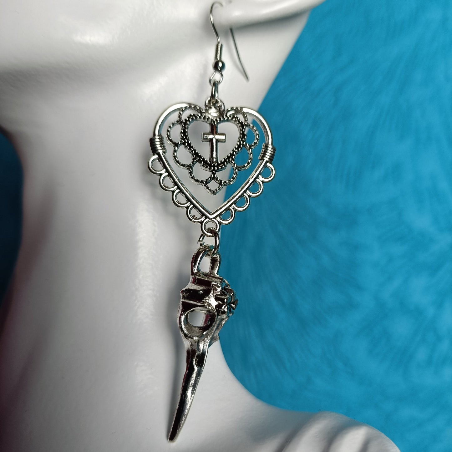 Filigree Heart Earrings with Raven Skull