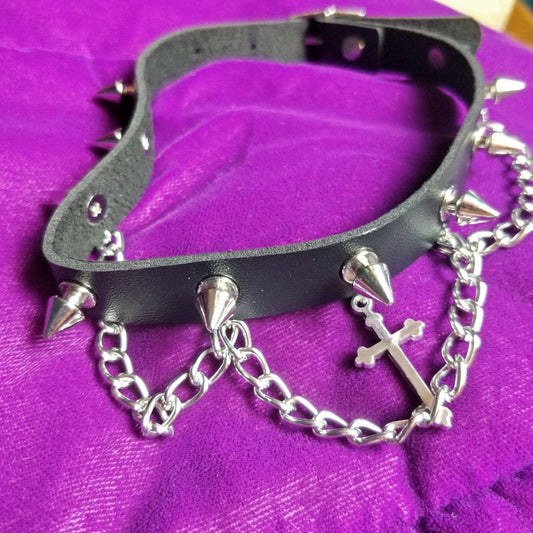 Goth choker crucifix spikes and chains