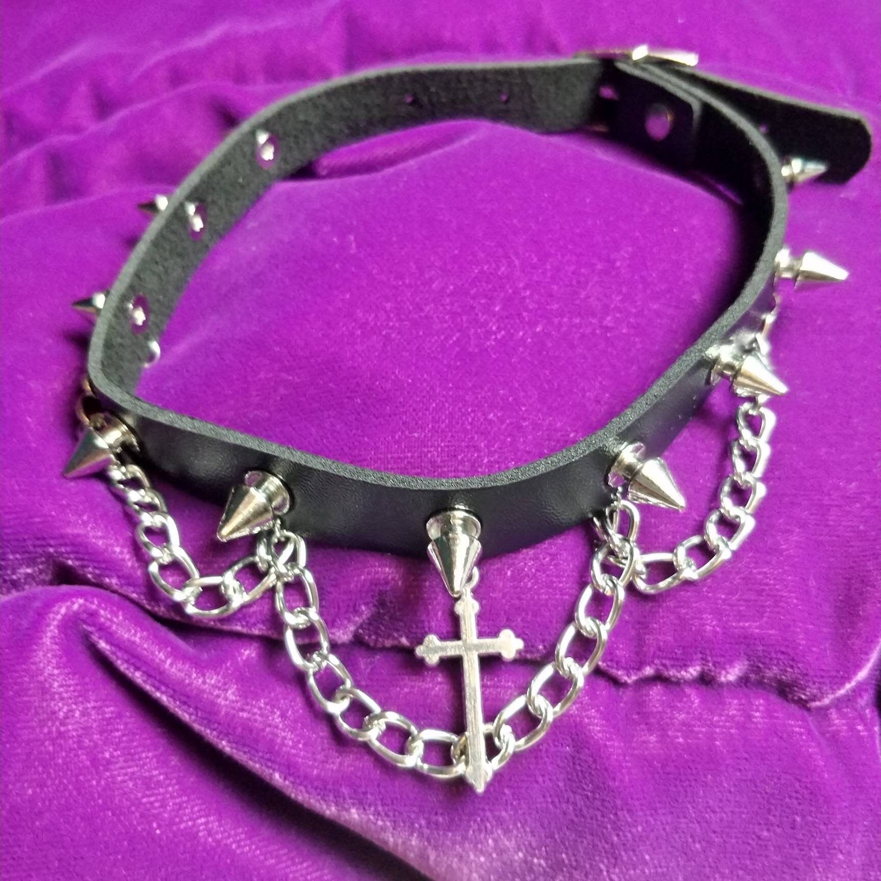 Goth Choker Crucifix with Spikes and Chains