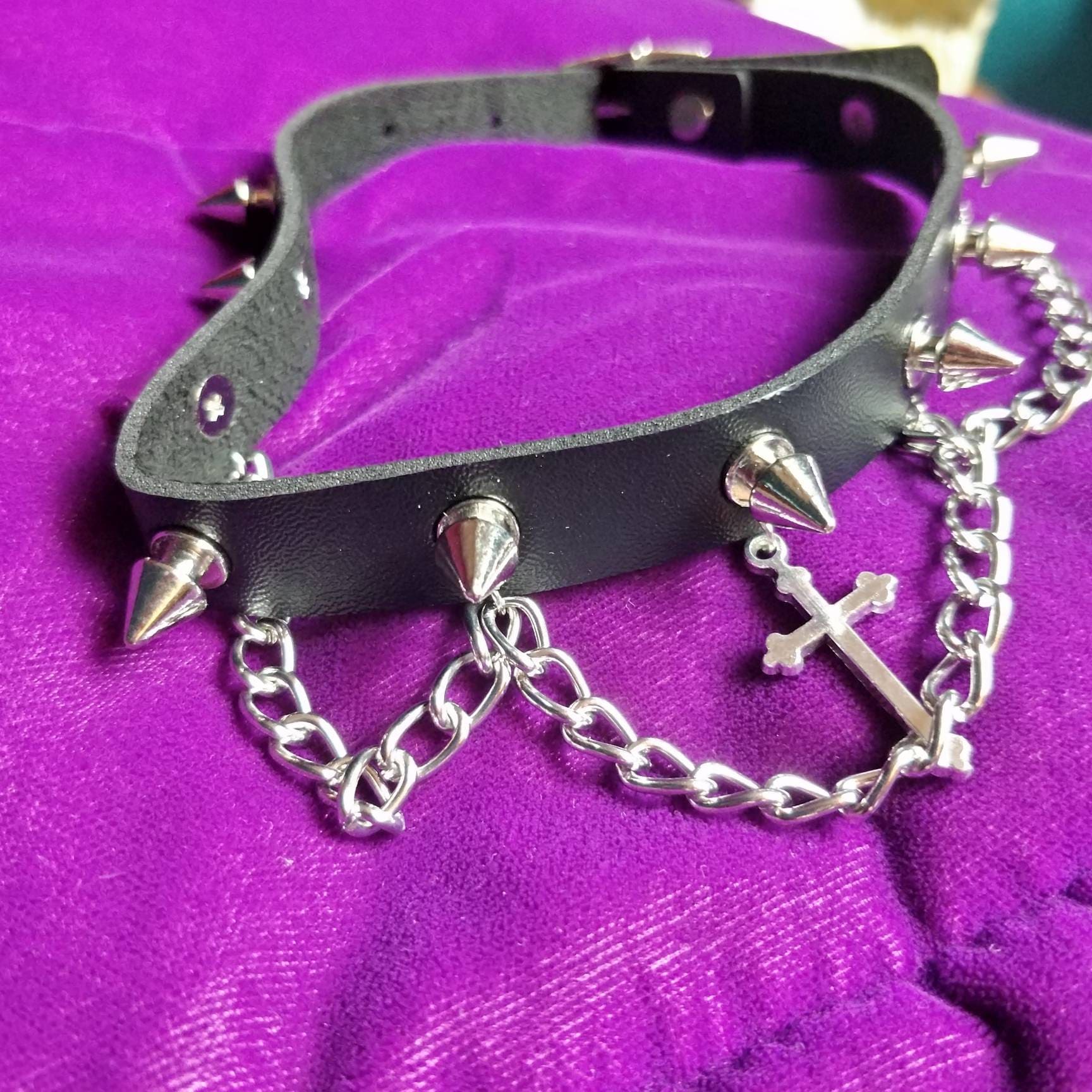 Goth Choker Crucifix with Spikes and Chains
