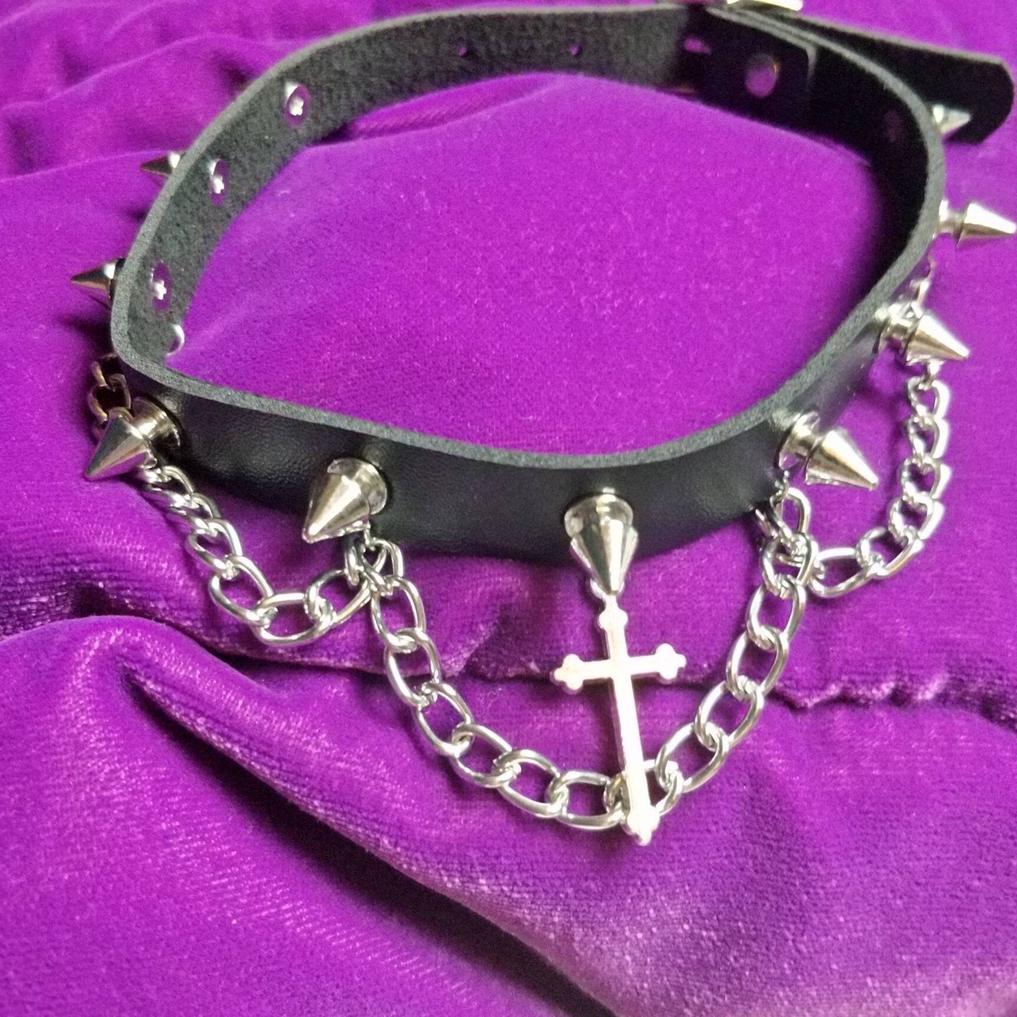 Goth Choker Crucifix with Spikes and Chains