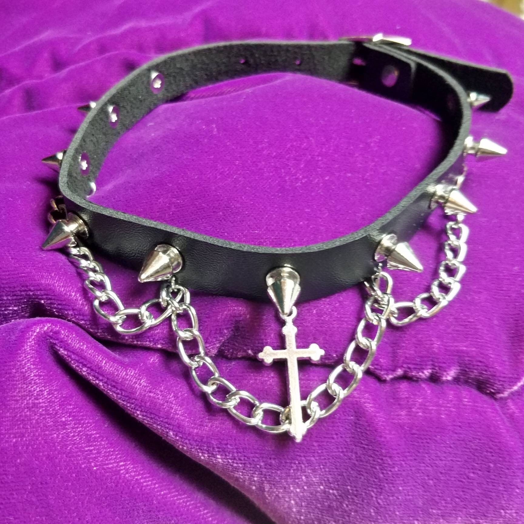 Goth Choker Crucifix with Spikes and Chains