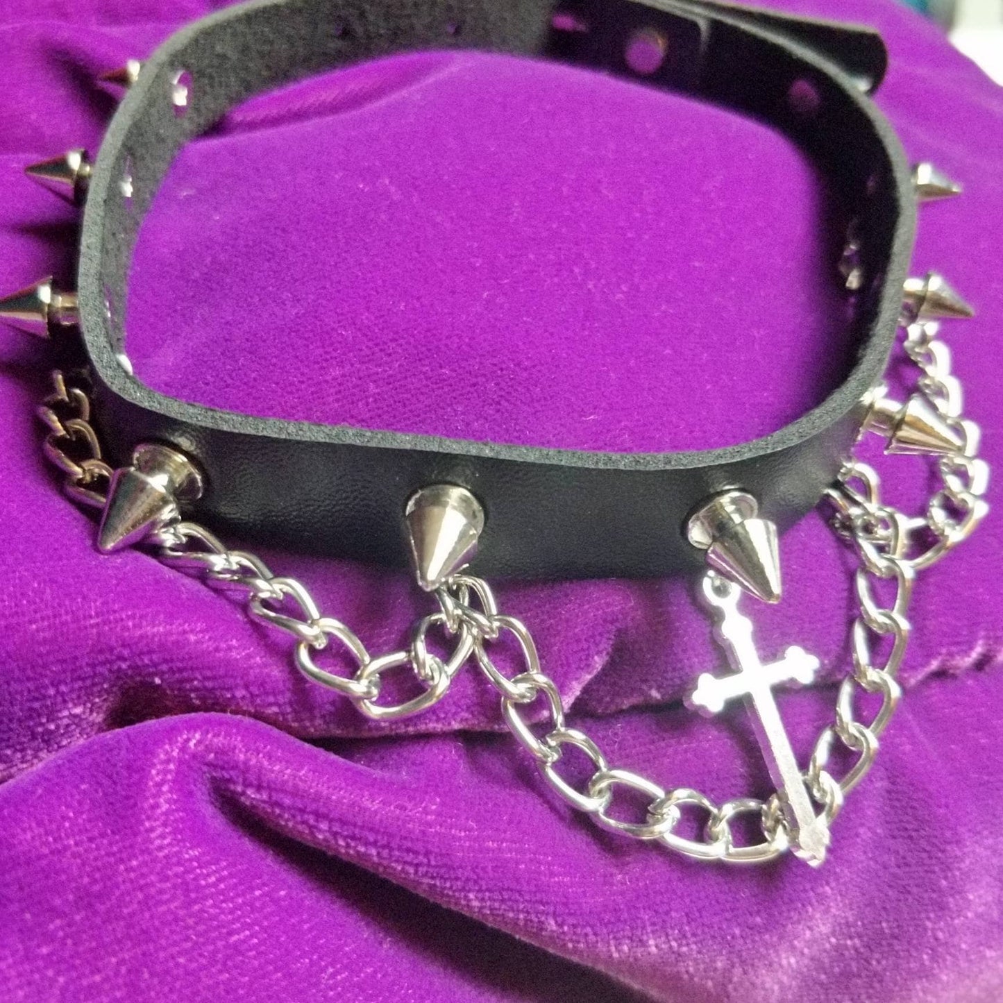 Goth Choker Crucifix with Spikes and Chains
