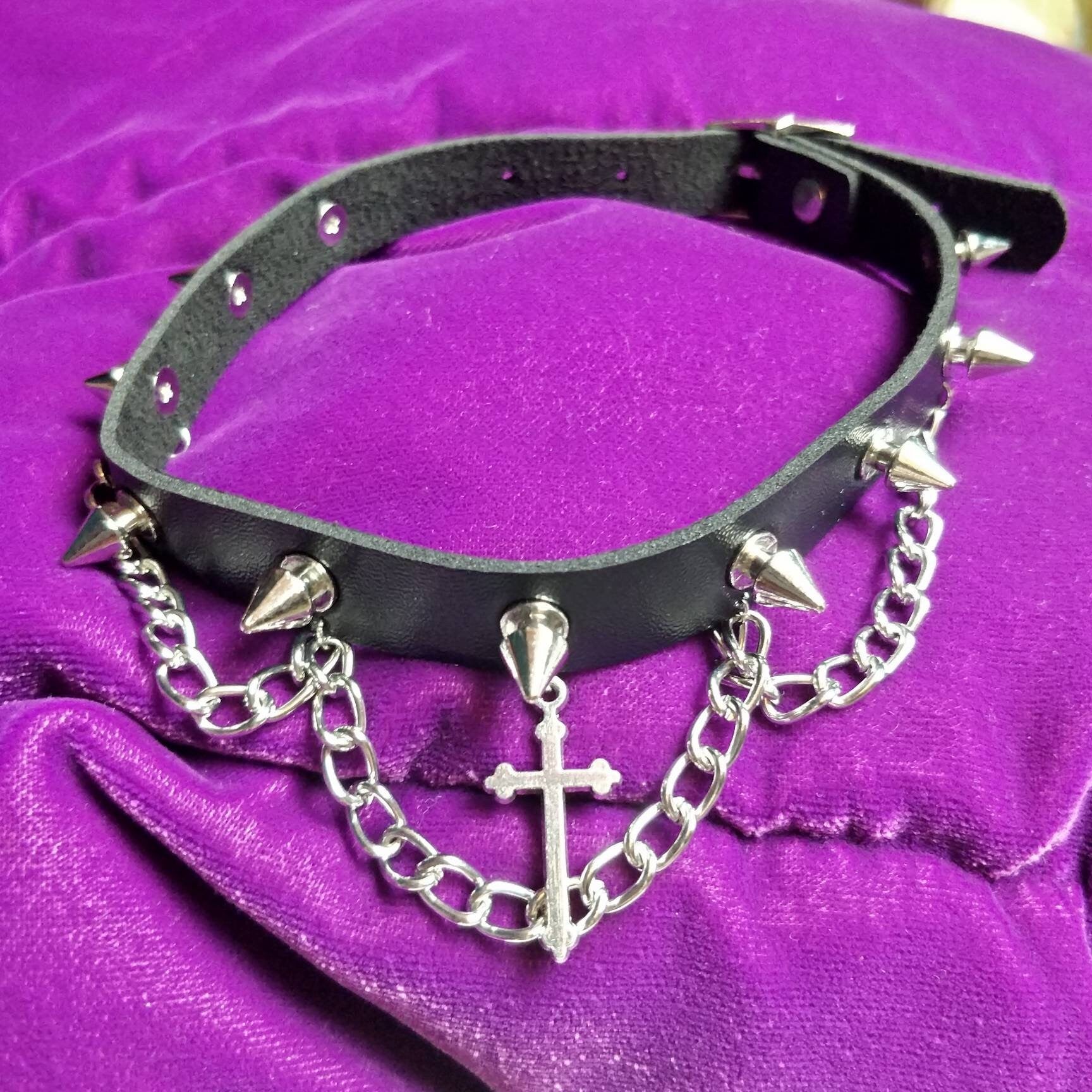 Goth Choker Crucifix with Spikes and Chains