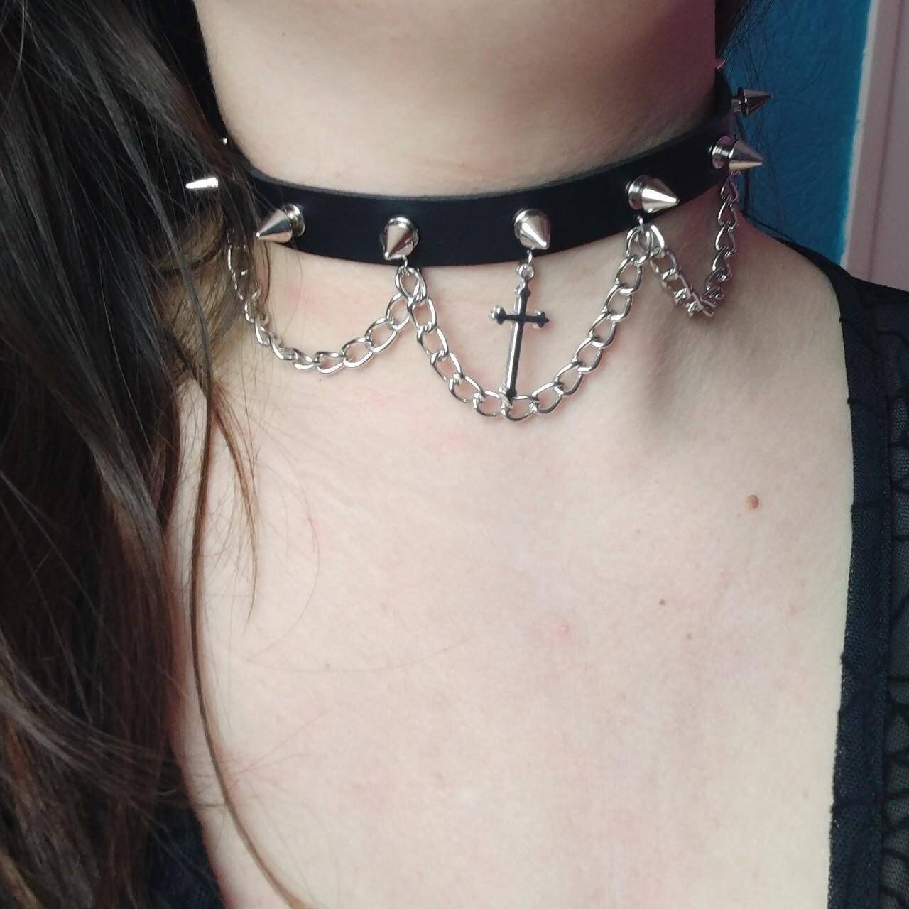 Goth Choker Crucifix with Spikes and Chains
