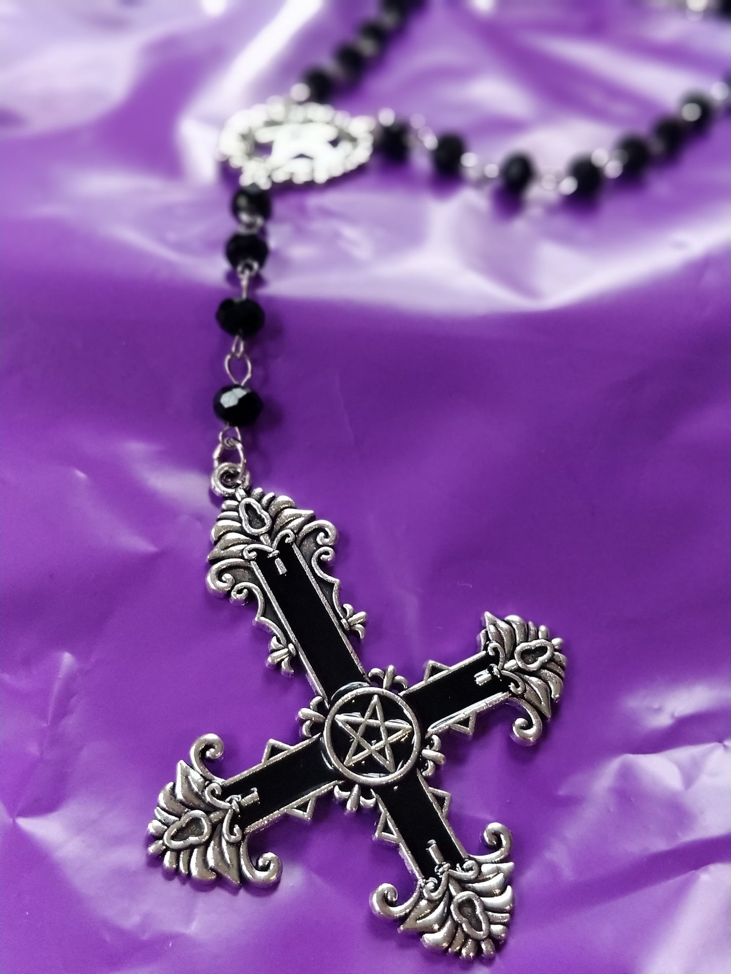 Gothic Rosary - Black Crucifix Pentagram
