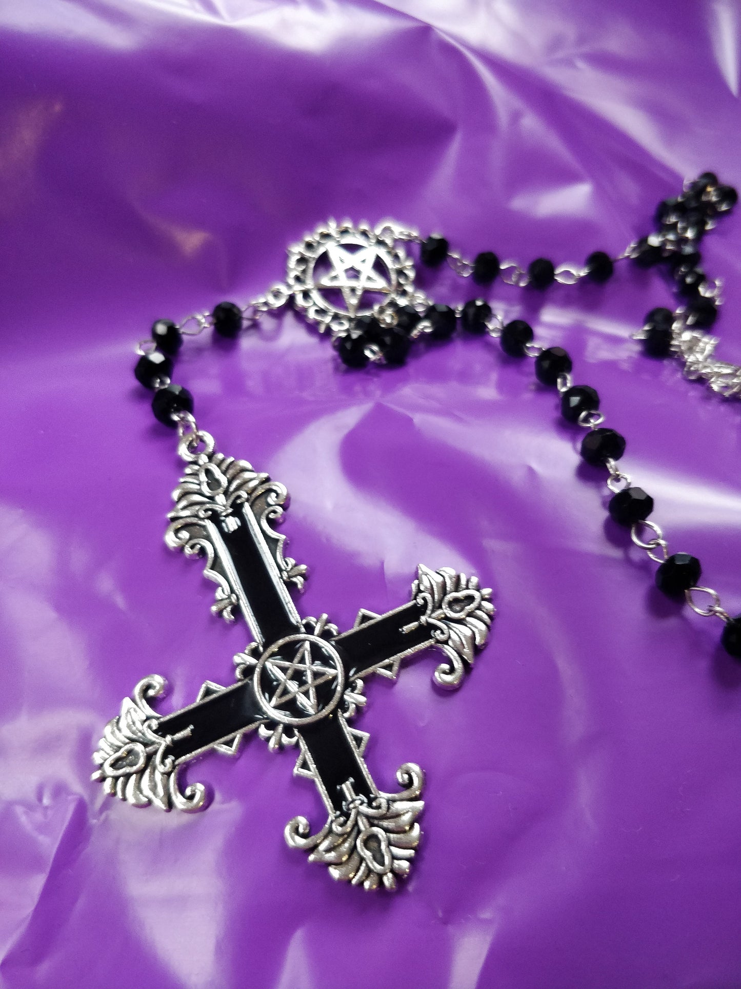 Gothic Rosary - Black Crucifix Pentagram