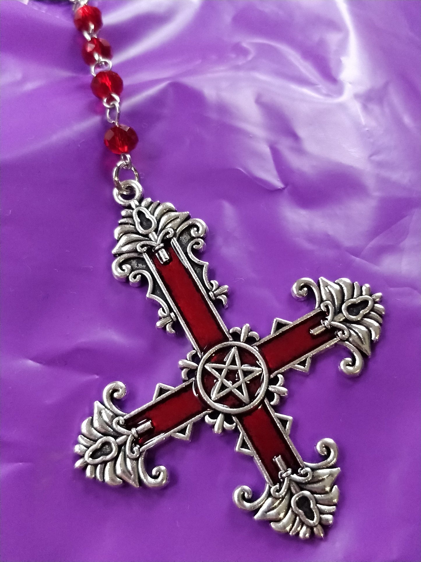 Gothic Rosary - Red Crucifix Pentagram
