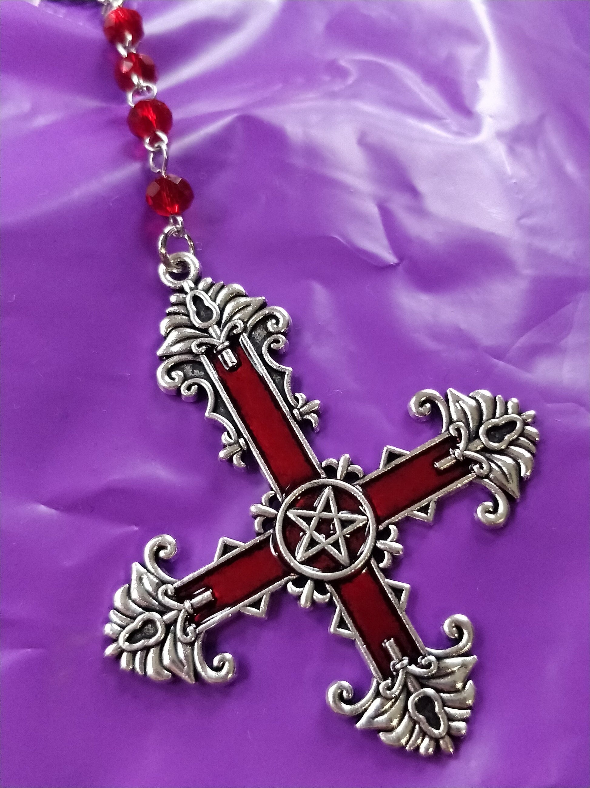 Gothic Rosary - Red Crucifix Pentagram