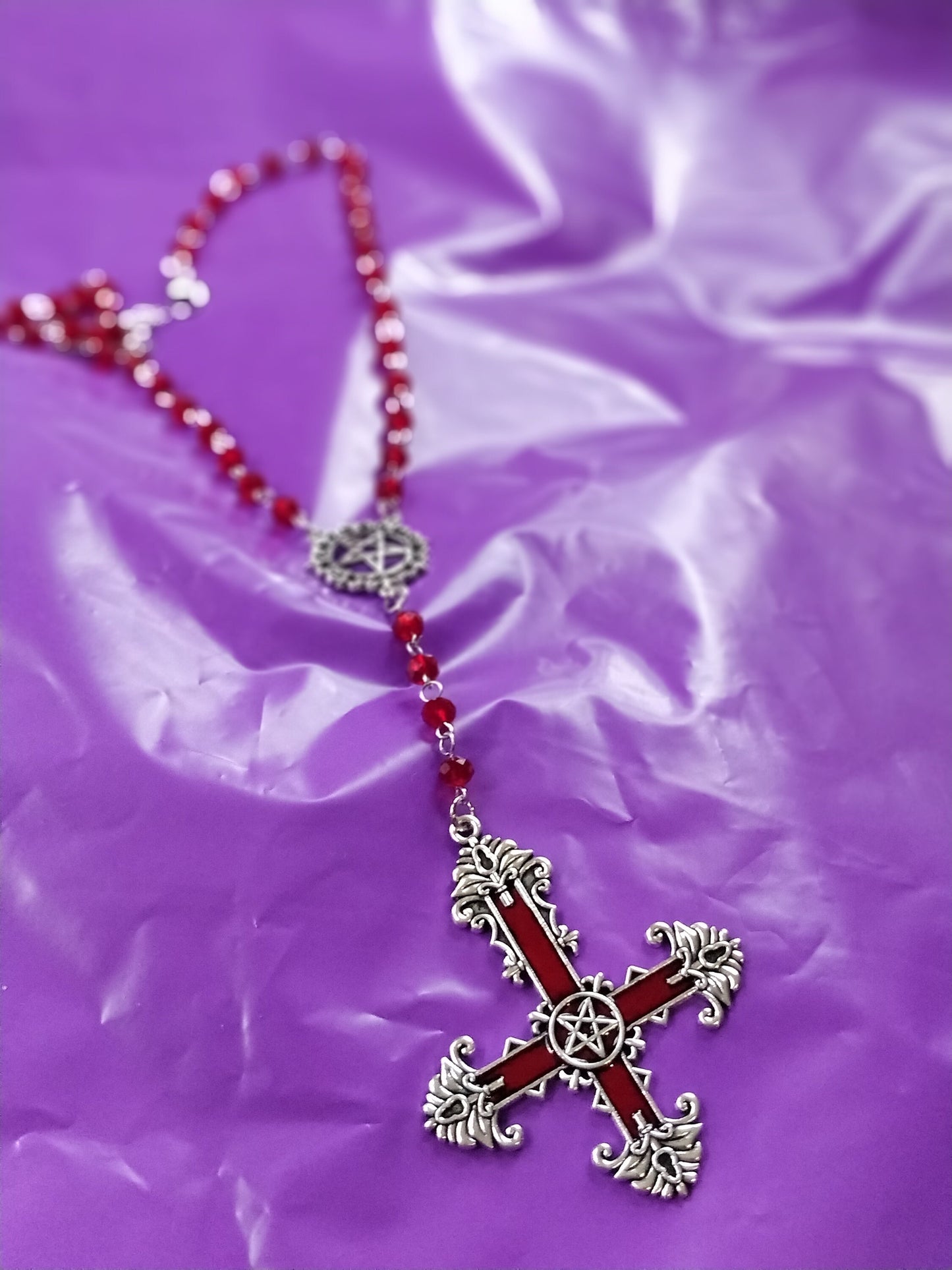 Gothic Rosary - Red Crucifix Pentagram